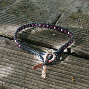 Copper Ribbon Pink Braided Breast Cancer Rattle Tail Bracelet